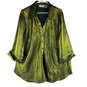 Blue Diamond Plus Button Up Blouse Women's 2X Metallic Shimmer Moss Goblin Artsy